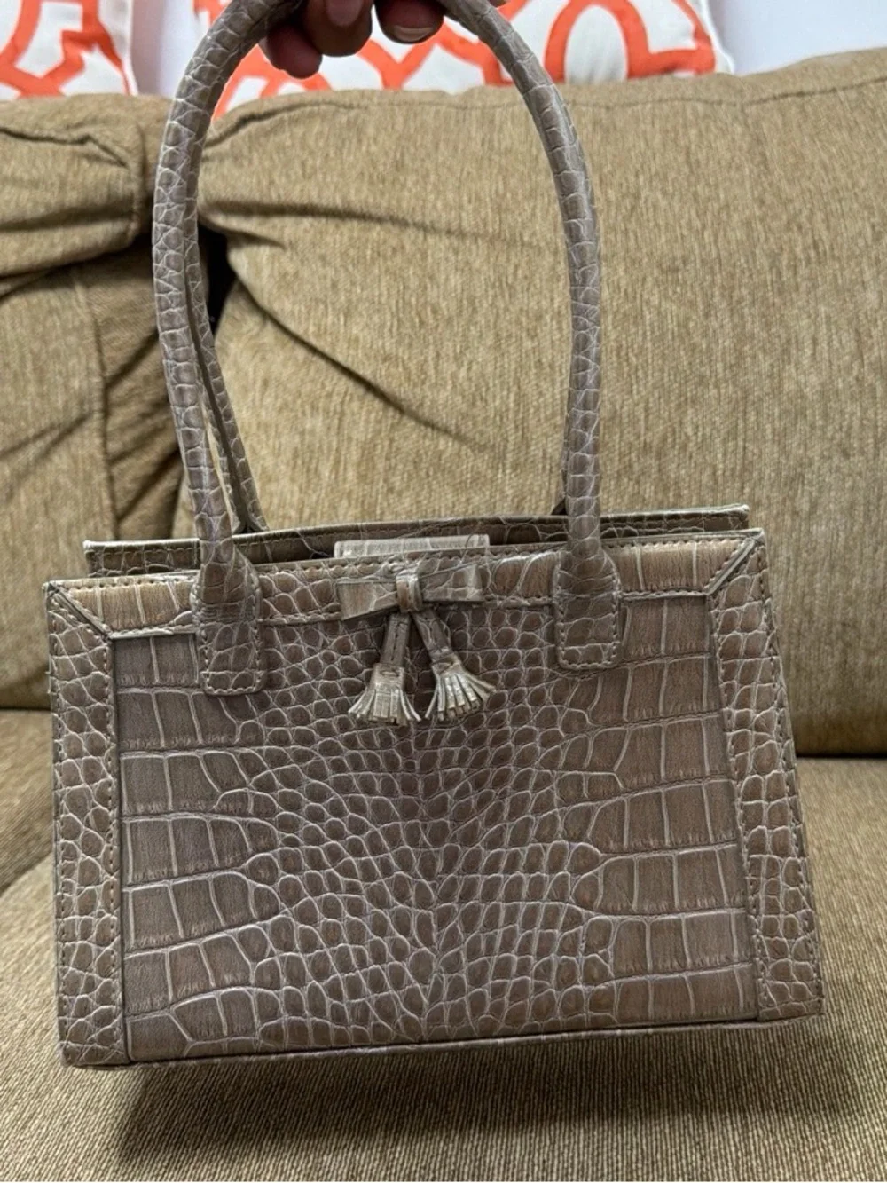 Liz Claiborne Gray Metallic Taupe Faux Croc-Embossed Mini Satchel with Tassel